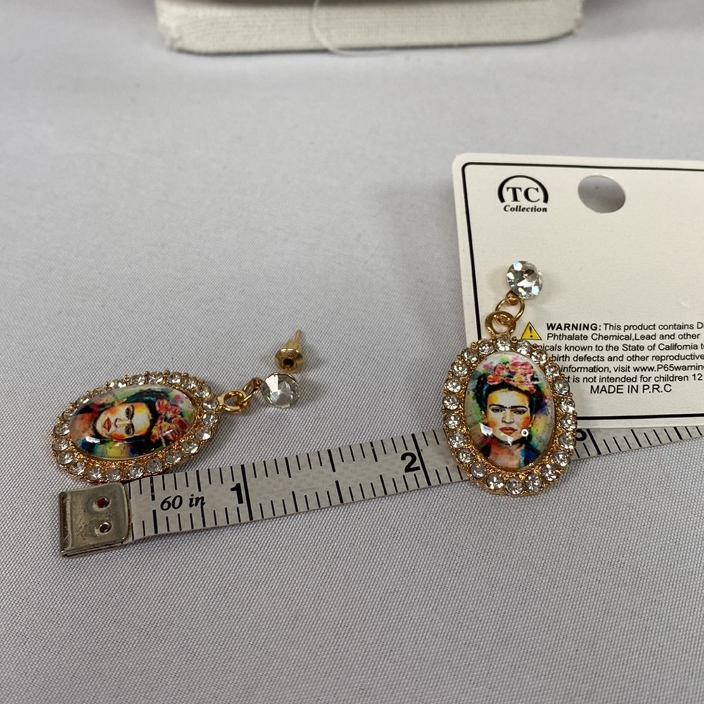 Frida Khalo drop style dangling earrings rhinestones - Picture 5 of 5